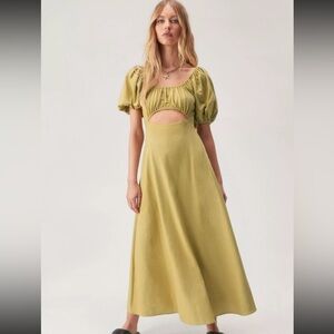 Elegant Olive Sage Green Cutout Dress Puff Sleeves